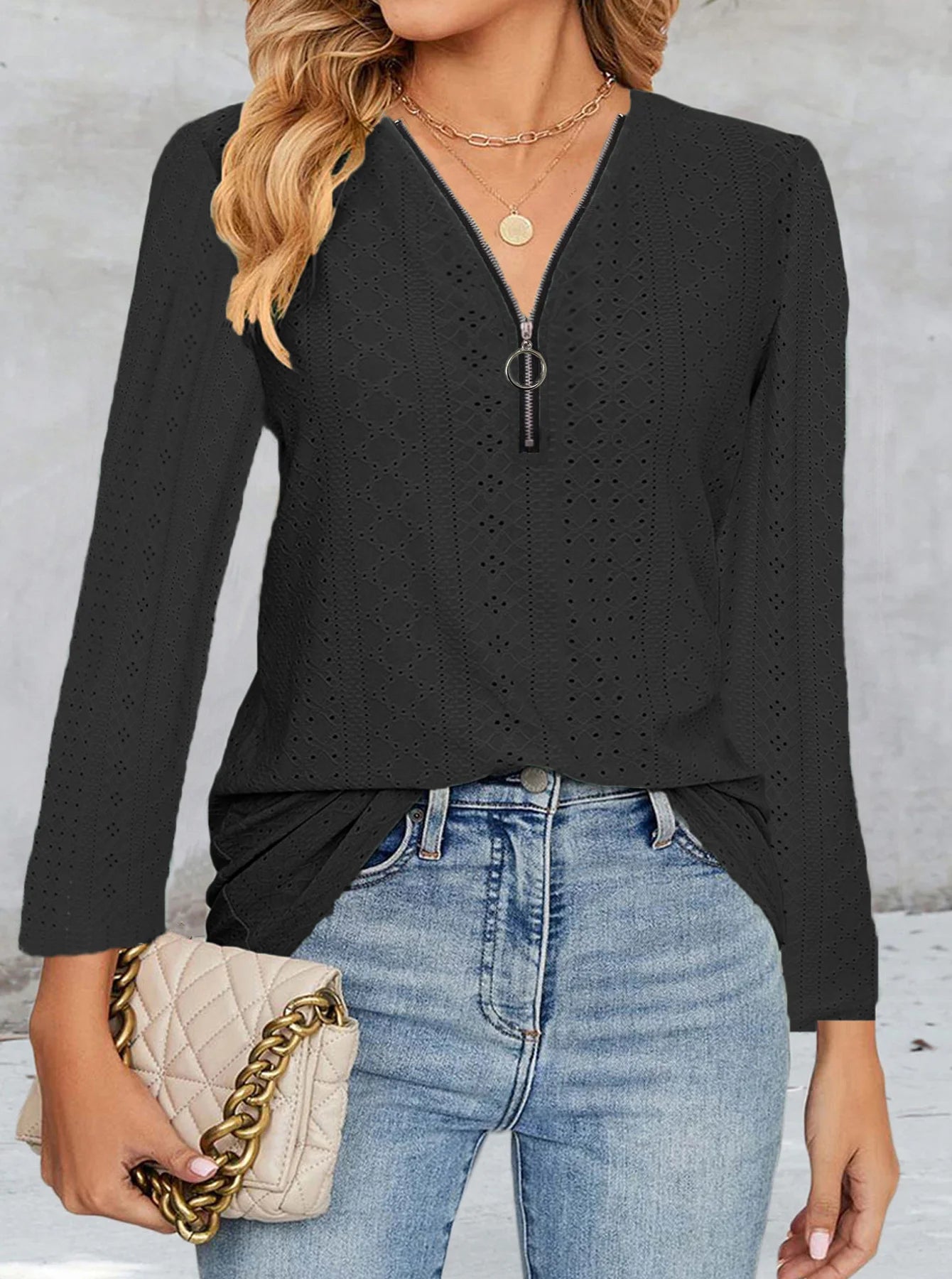 Solid Color Jacquard Zippered Long Sleeved T-Shirt Top