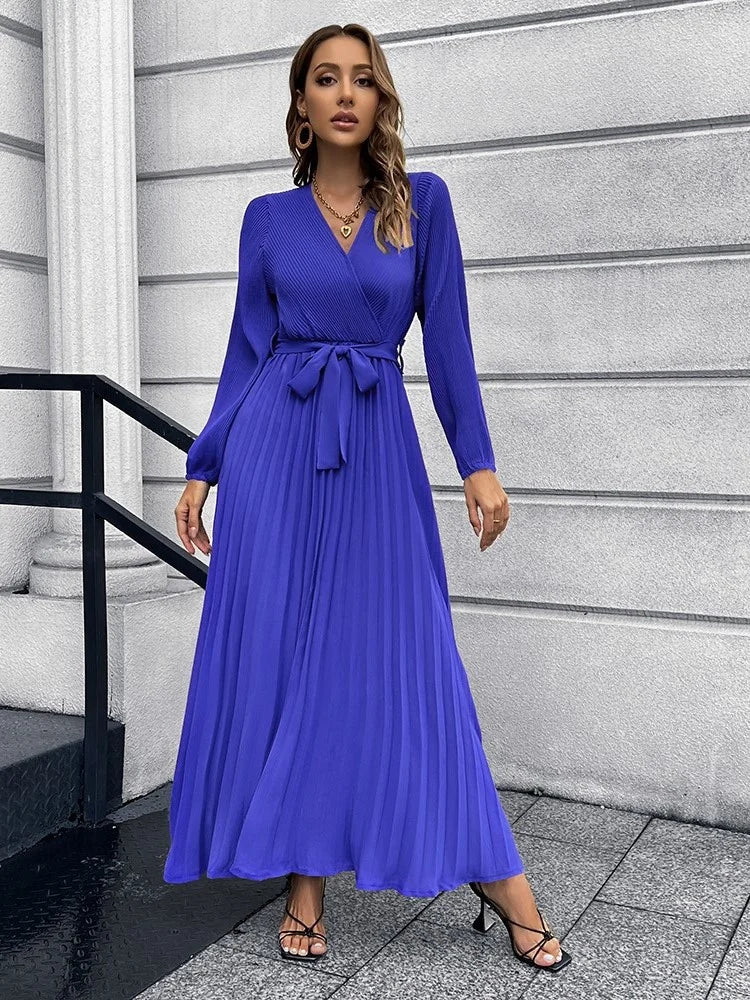 V Neck Long Sleeve Pleated Mid Length Dress