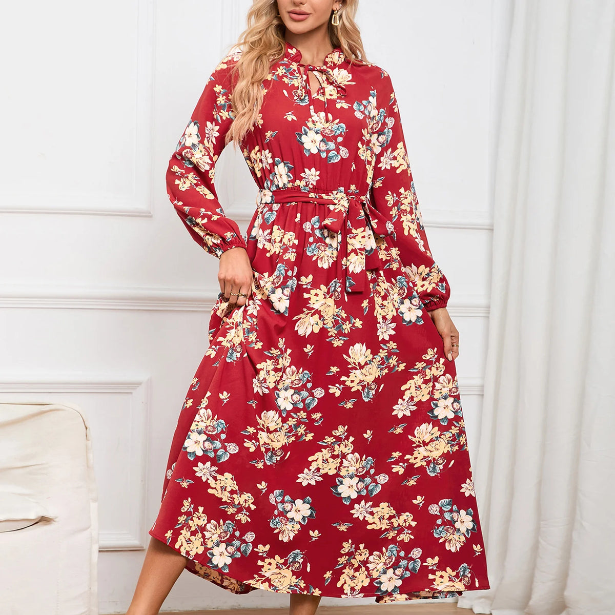 Sleeve Stand Collar Lace Floral Dress