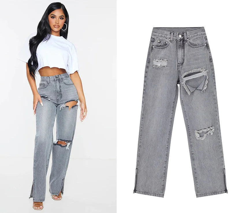 Hipster Straight Leg Jean Pants with Slit