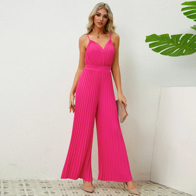 V Neck Sling Pleated One Piece Pants