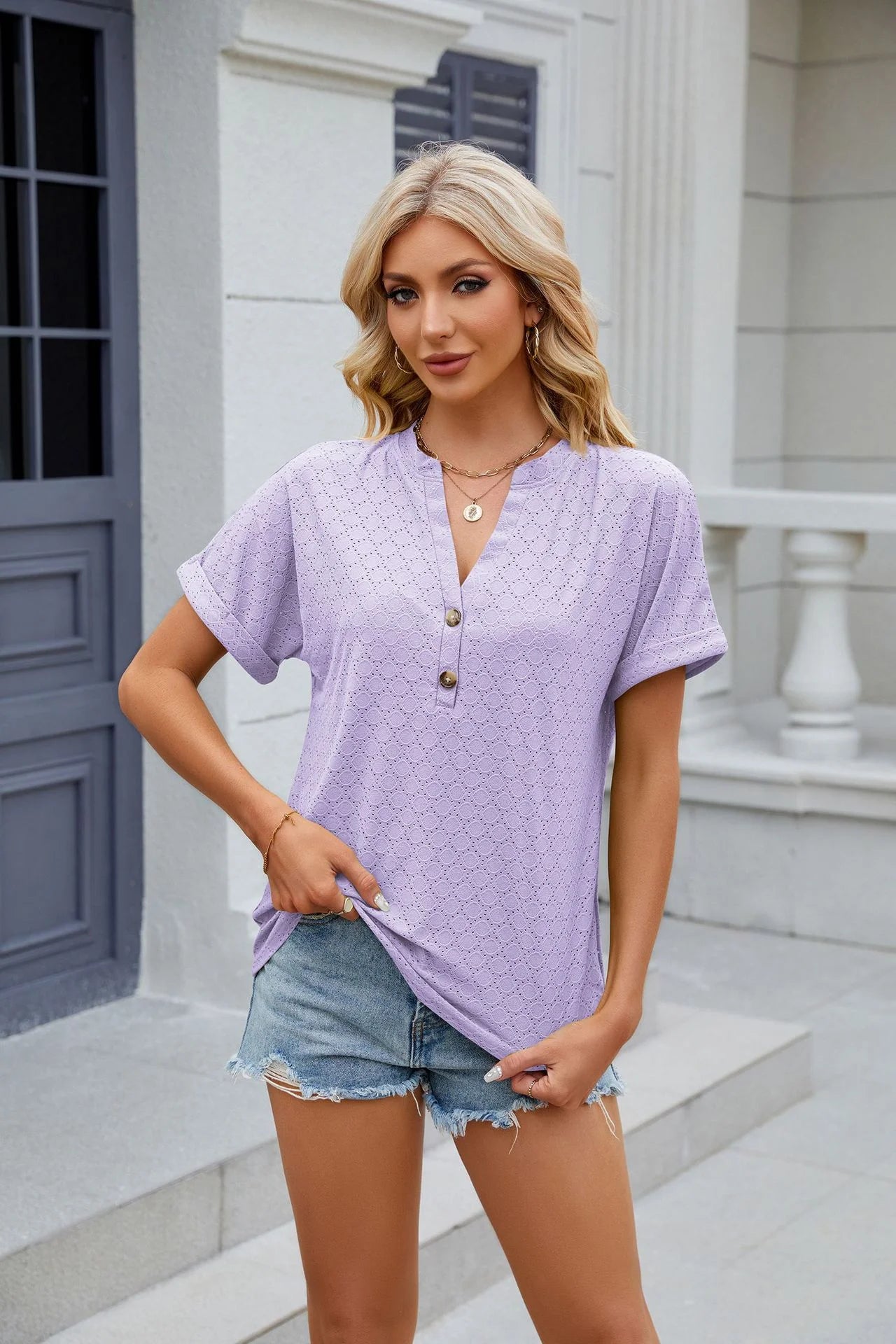 Pure Color V Collar Buttons Loose Short Sleeved T-Shirt Blouse