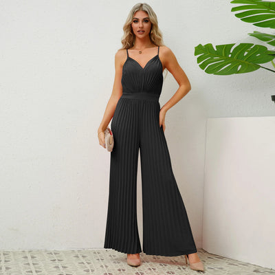 V Neck Sling Pleated One Piece Pants
