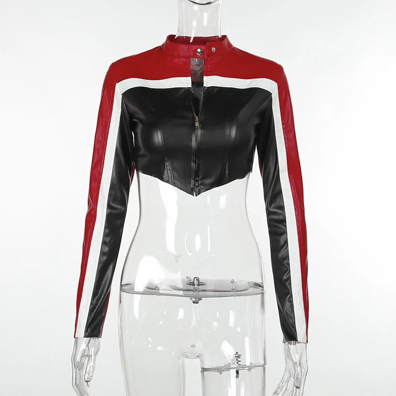 Contrasting Biker Style Short Crop Top Long Sleeve Leather Jacket