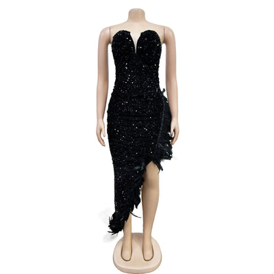 Strapless Backless Sequin Feather Dress