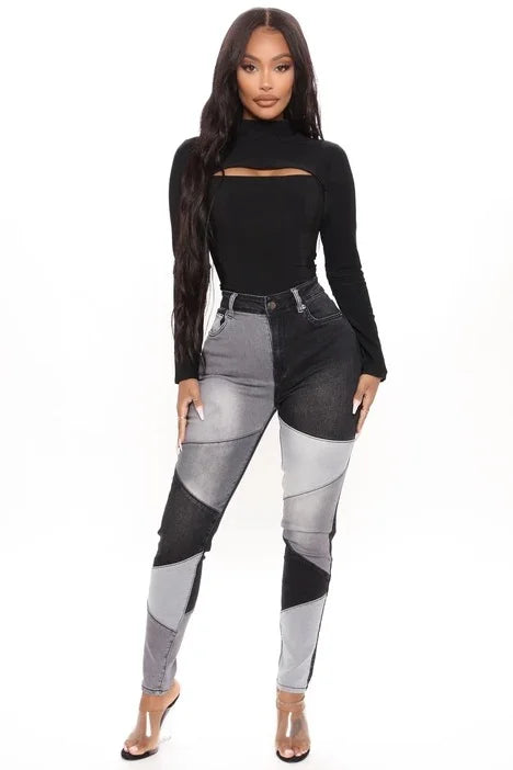Hipster Jean Washed Stitching Two Tone Blue and Black