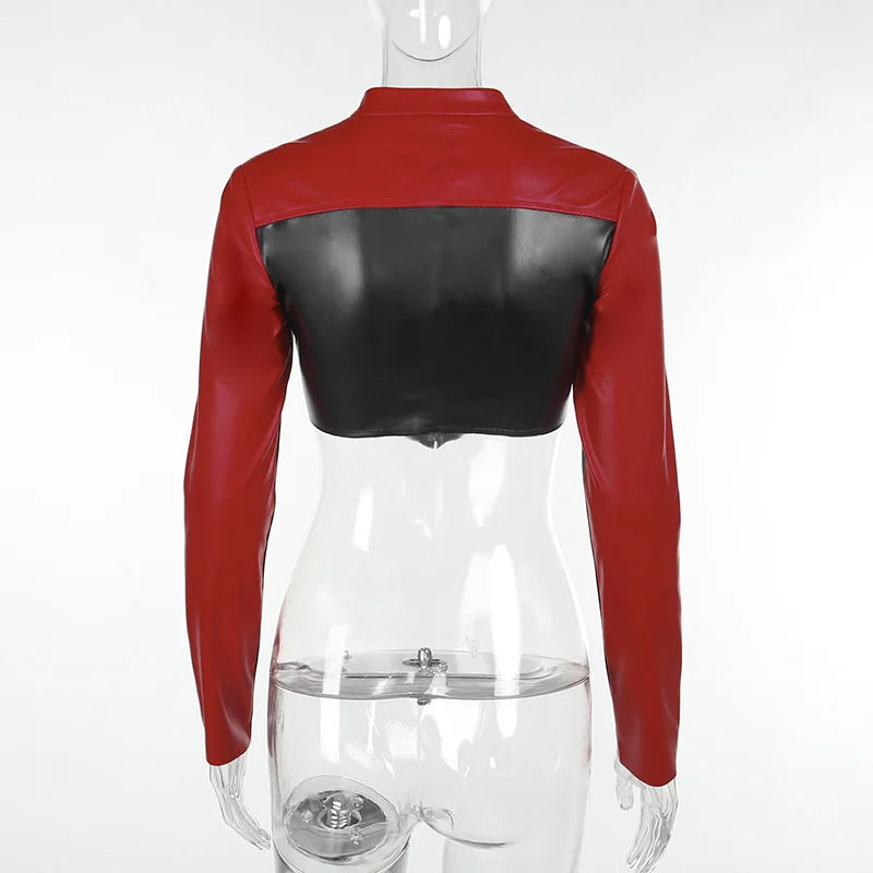 Contrasting Biker Style Short Crop Top Long Sleeve Leather Jacket