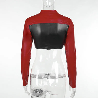 Contrasting Biker Style Short Crop Top Long Sleeve Leather Jacket