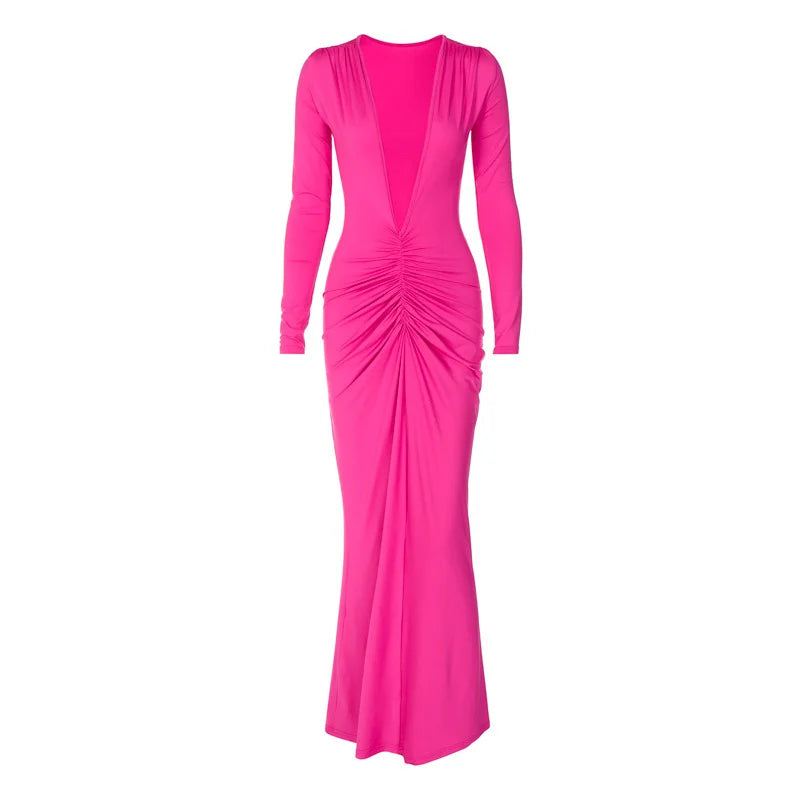 Reversible Sexy V Neck Slim Pleated Long Sleeve Dress High Waist Hip Tight Dress Skirt