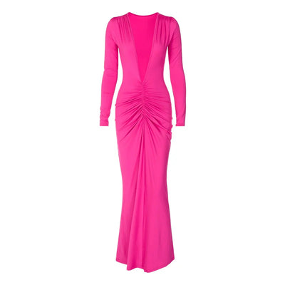 Reversible Sexy V Neck Slim Pleated Long Sleeve Dress High Waist Hip Tight Dress Skirt