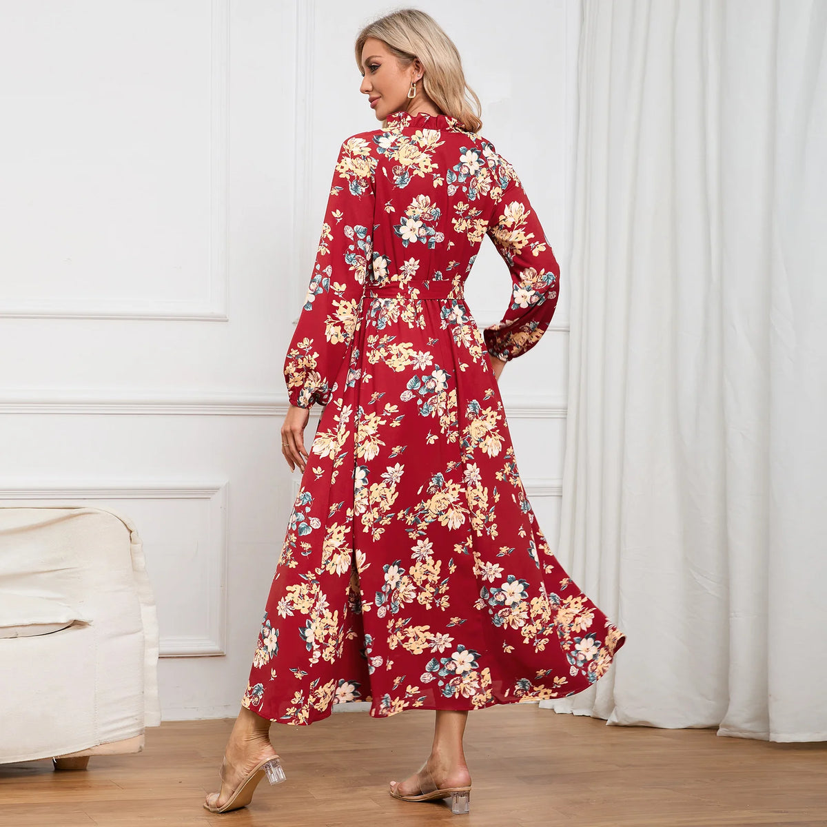 Sleeve Stand Collar Lace Floral Dress