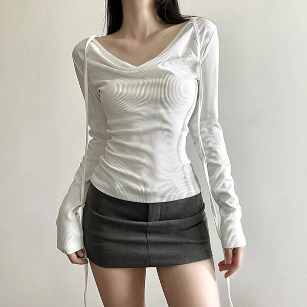 Slim V Neck Long Sleeve Tie T-Shirt