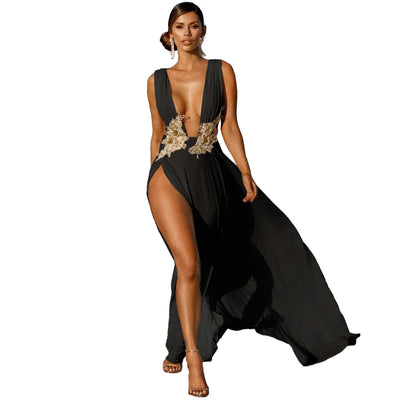 Evening Dress V-Neckline High Slit With Floor-Length Skirt