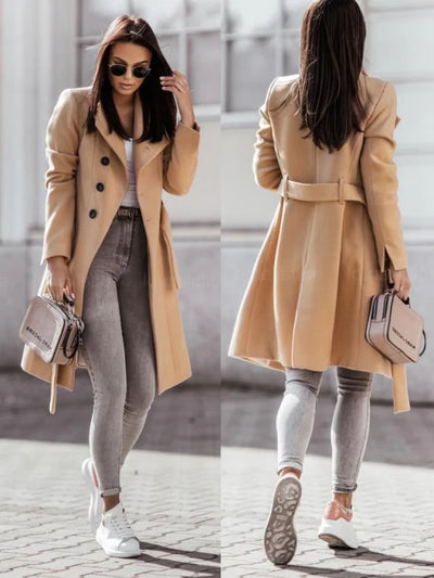 Tweed Coat Solid Color Lace Up Midi Woolen Trench Coat