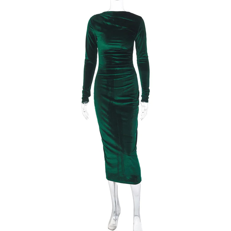 Solid Color Slim Pleated Round Neck Long Sleeve Dress
