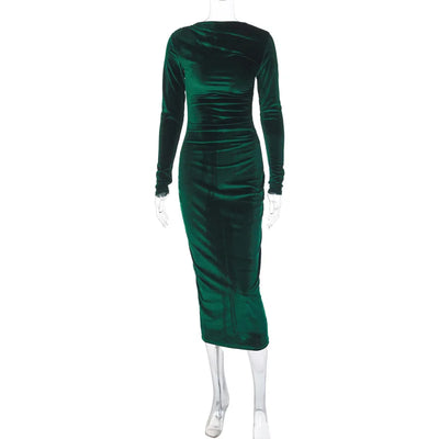 Solid Color Slim Pleated Round Neck Long Sleeve Dress