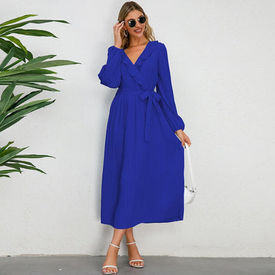 V Necked Long Sleeved Pleated Dress
