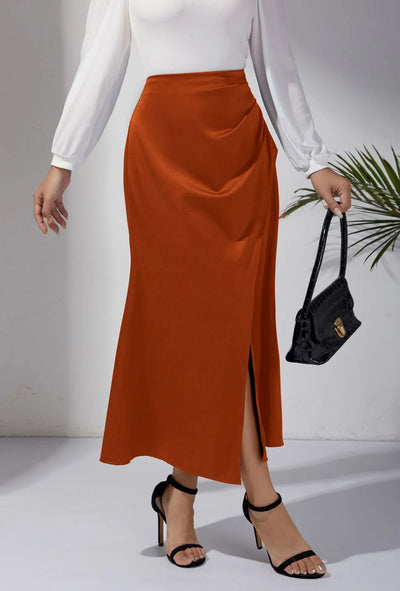 High Waisted Satin Pile Pleated Slit Long Skirt Solid Color Skirt Zipper Fishtail Hip Skirt