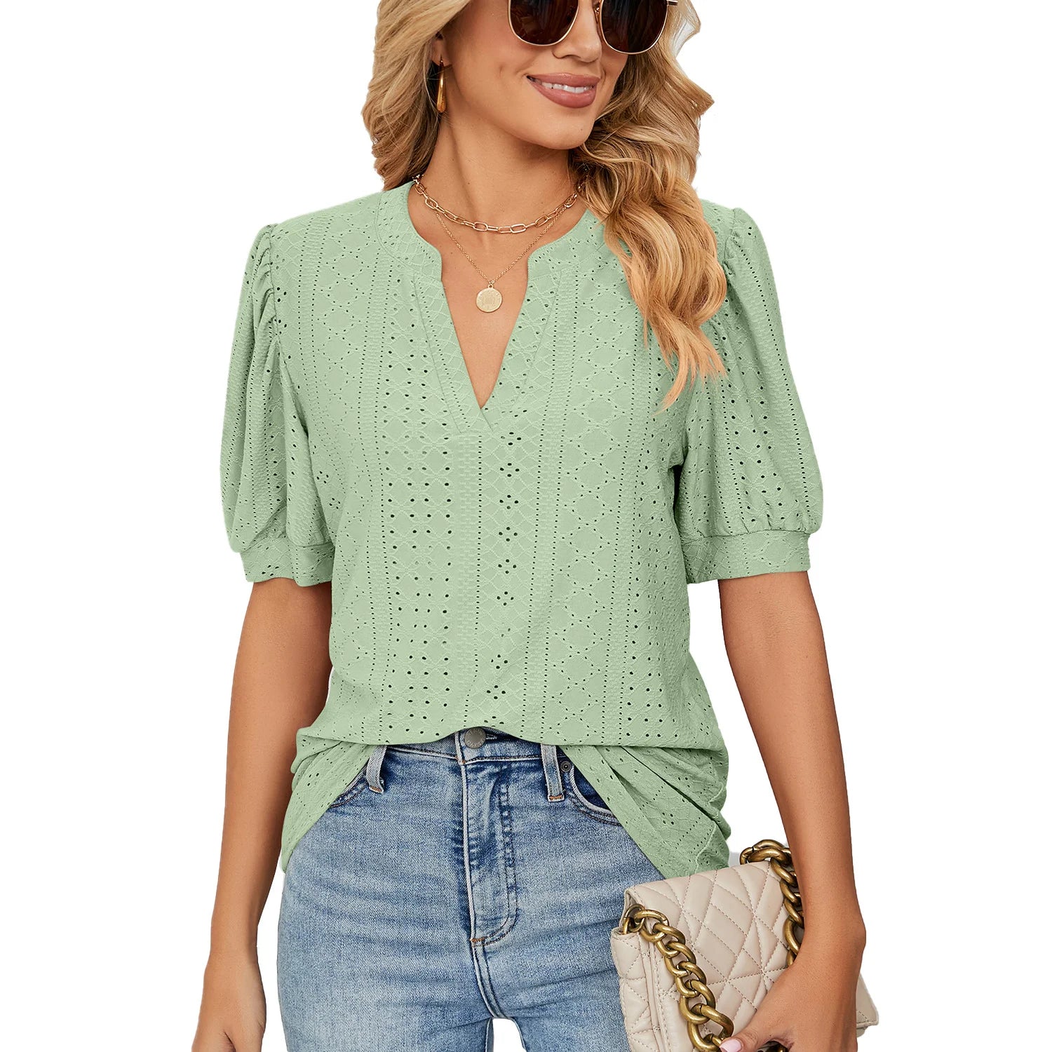 V Neck Solid Color Hollow Bubble Sleeve Loose T-Shirt Blouse