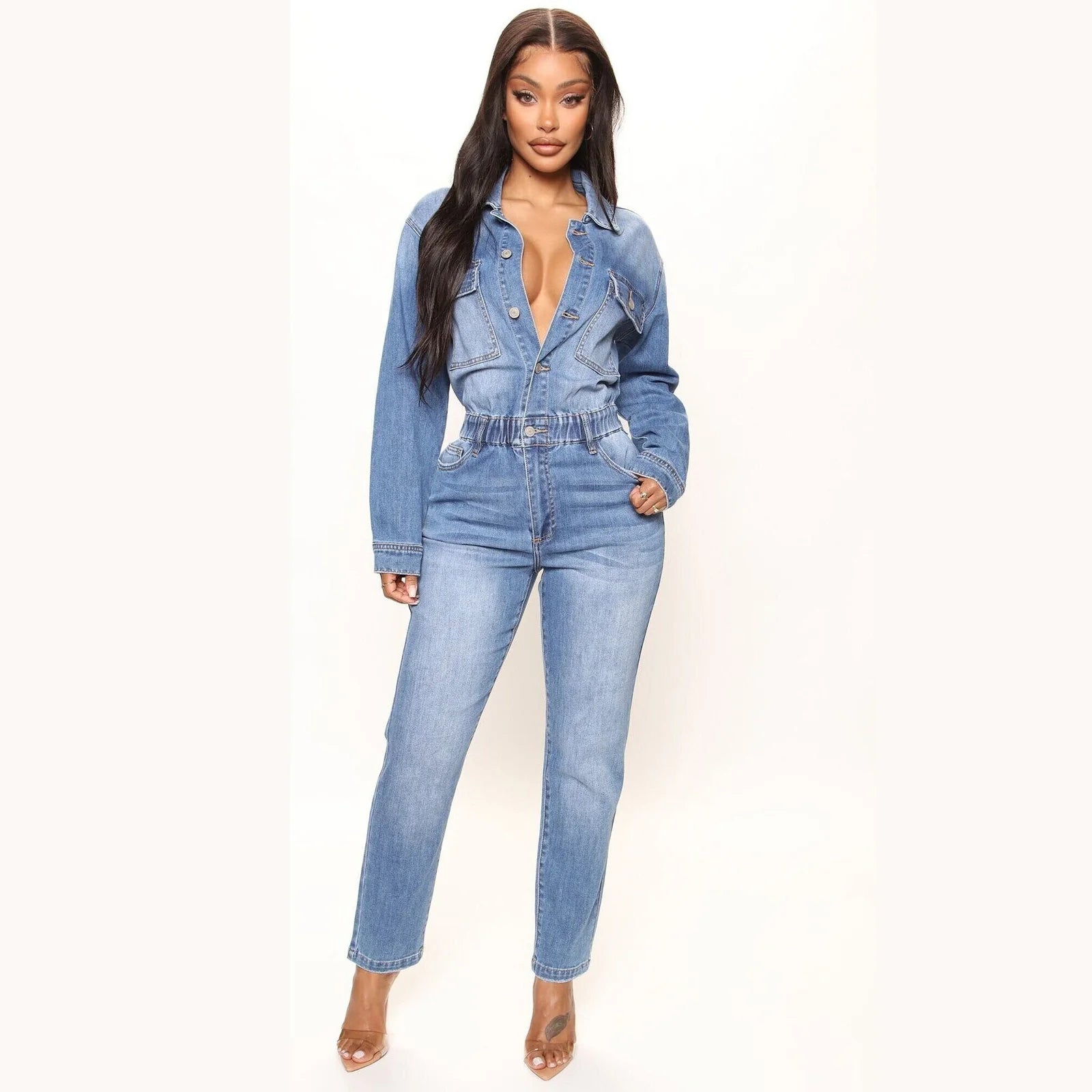 Slim Fit Stretch Small Foot Mouth Wash Denim Jumpsuit