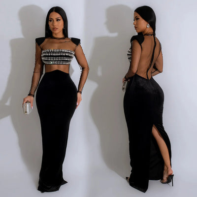 Solid Color Mesh Diamond Long Sleeved Dress