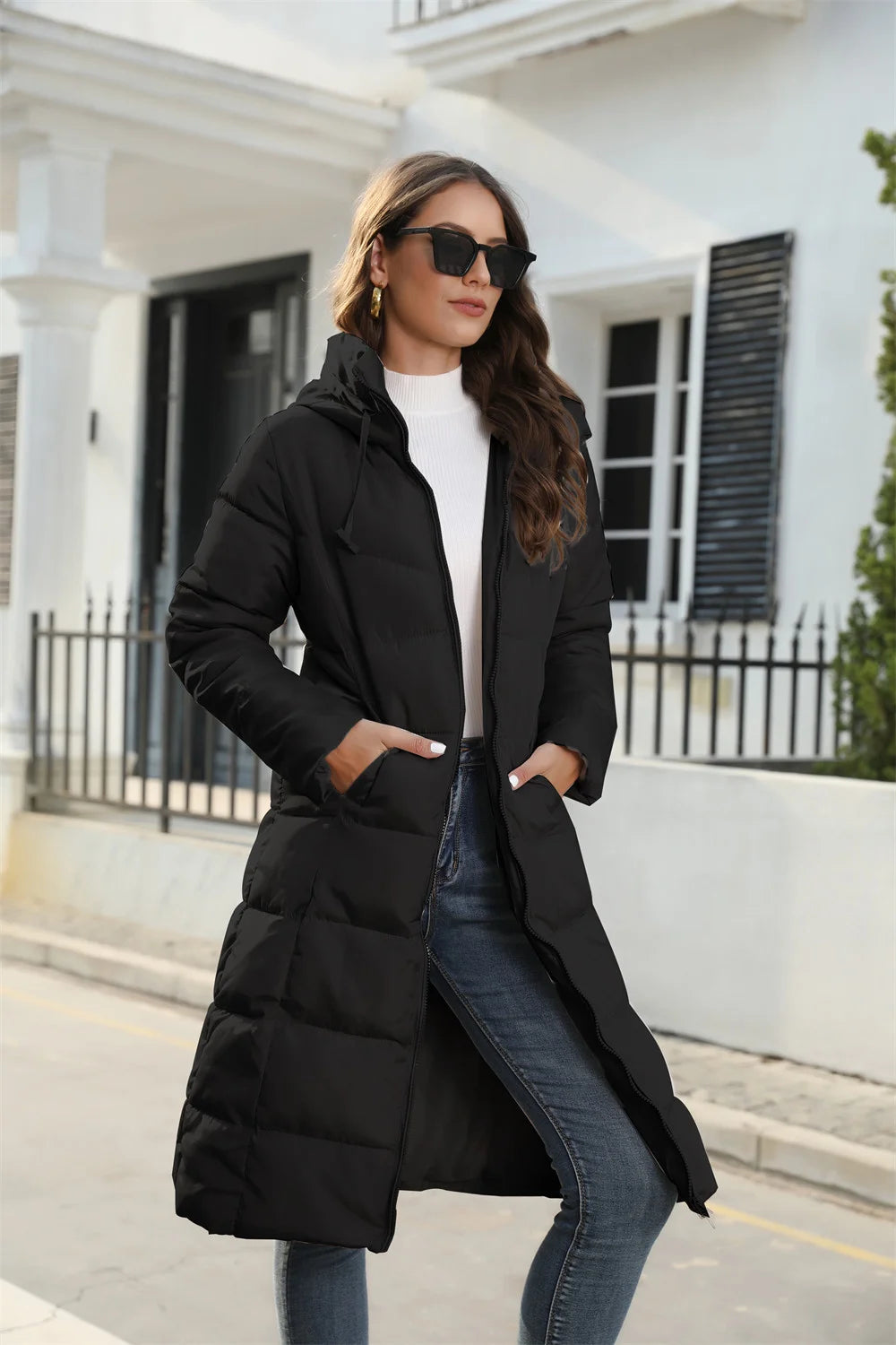 Hooded Women’s Cotton Jacket Mid Length Slim Fit