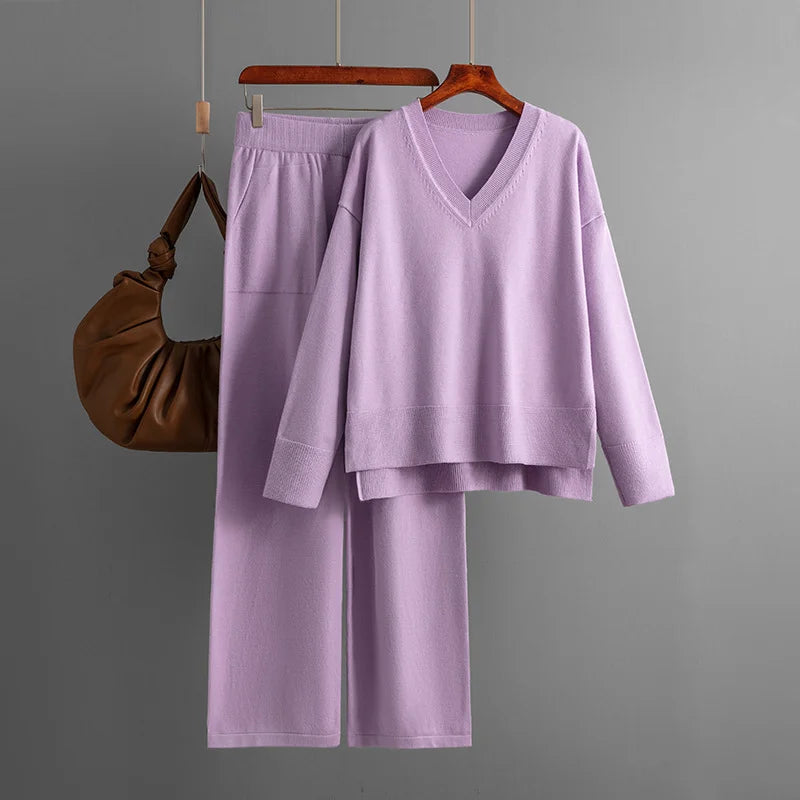 Two Piece Casual Sweater With Solid Color Pants