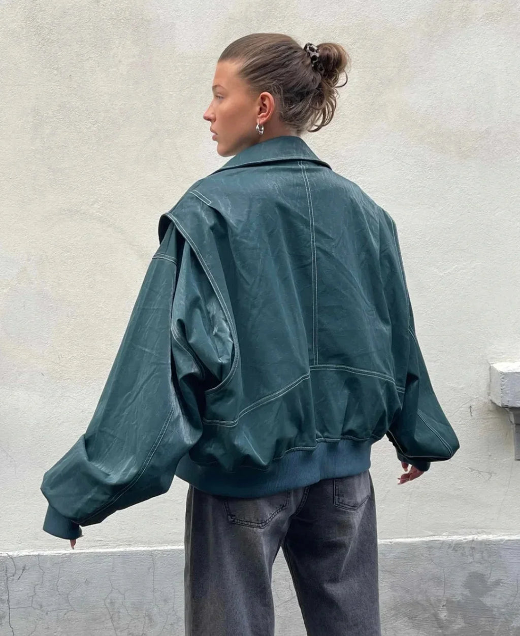 Leather Jacket with Long Sleeves and Zipper