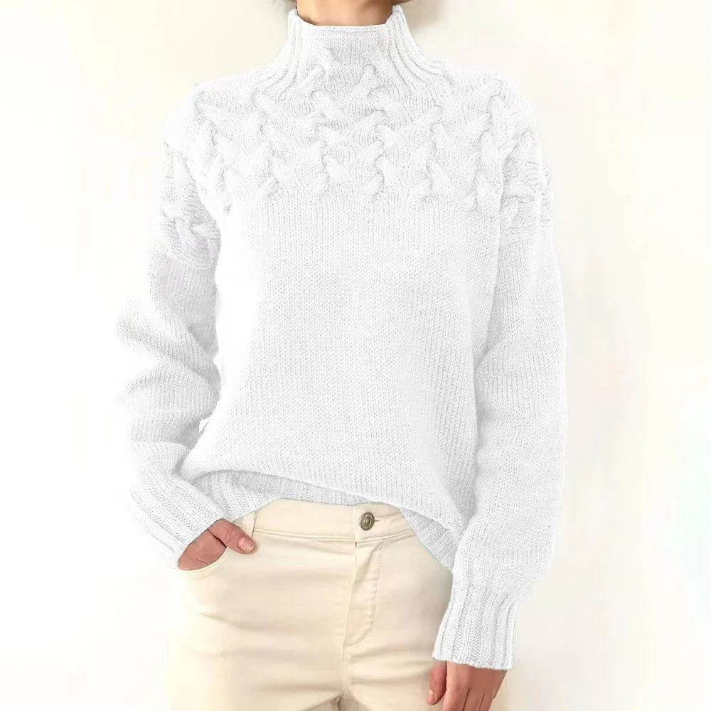 Casual Long Sleeved High Necked Solid Color Sweater