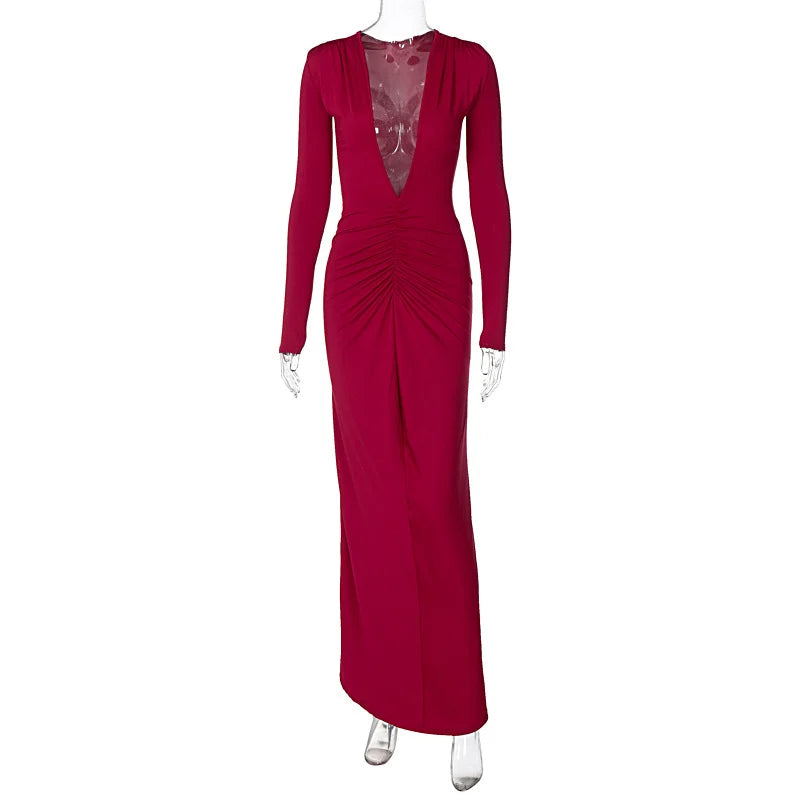 Summer New Fashion Sexy V-Neck Slim Pleated Solid Color Long Sleeve Dress