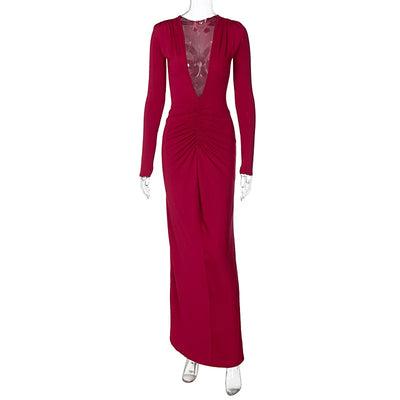 Summer New Fashion Sexy V-Neck Slim Pleated Solid Color Long Sleeve Dress