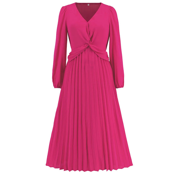 Long Sleeved V Necked Slim Pleated Dress