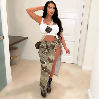 Split Tassel Skirt With Pockets In Camouflage Wash