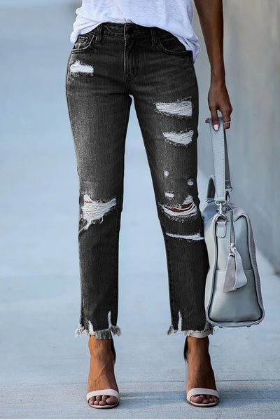 Washed Frayed Tassel Jeans Slim High Stretch Small Leg Trousers