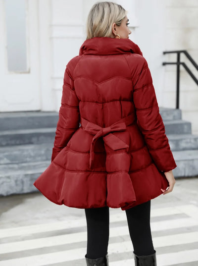 Slim Stand Up Collar Women’s Mid Length Padded Waist Cotton Jacket