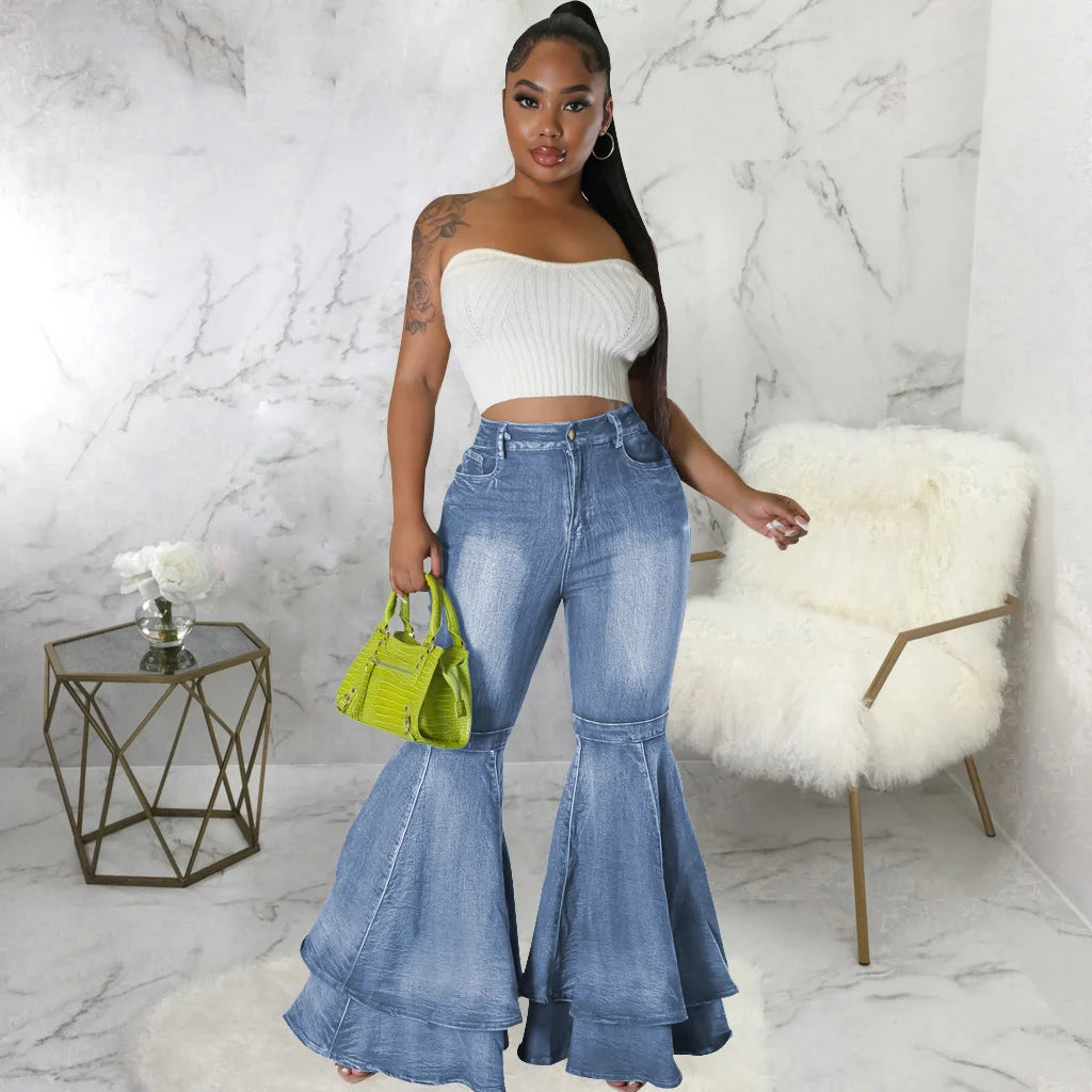 Versatile Wide Leg Washed Denim Stretch Bell Bottoms