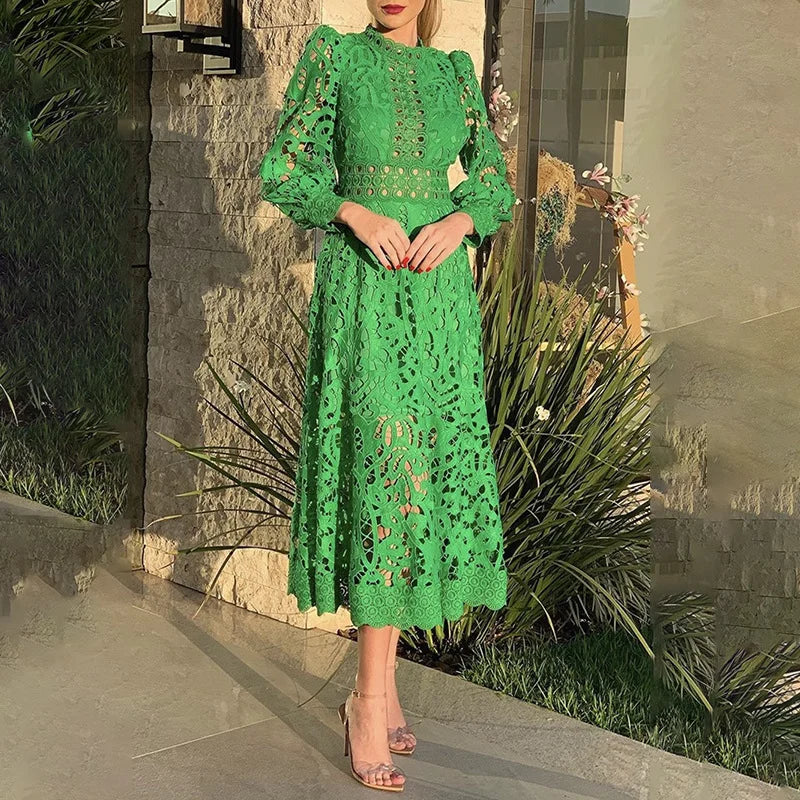 French Retro Style Heavy Work Waist Embroidered Large Swing Skirt Spring New Fashion Puff Sleeve Dress Midi Skirt