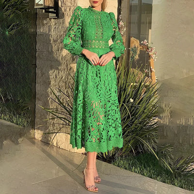 French Retro Style Heavy Work Waist Embroidered Large Swing Skirt Spring New Fashion Puff Sleeve Dress Midi Skirt