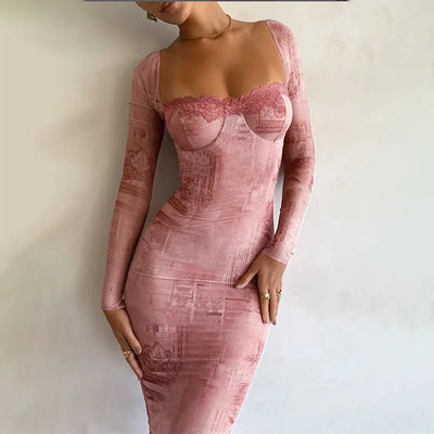 One Shoulder Lace Long Sleeve Slim Dress New Fashion Haute Cuff Long Dress