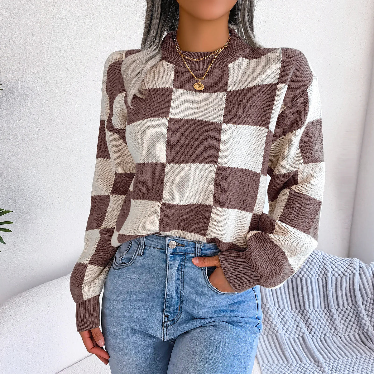 Streetwear Contrasting Plaid Long Sleeved Pullover Knit Sweater