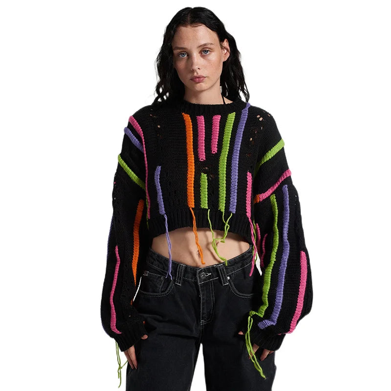 Knitwear Color Blocked Tassels Versatile Casual Sweater