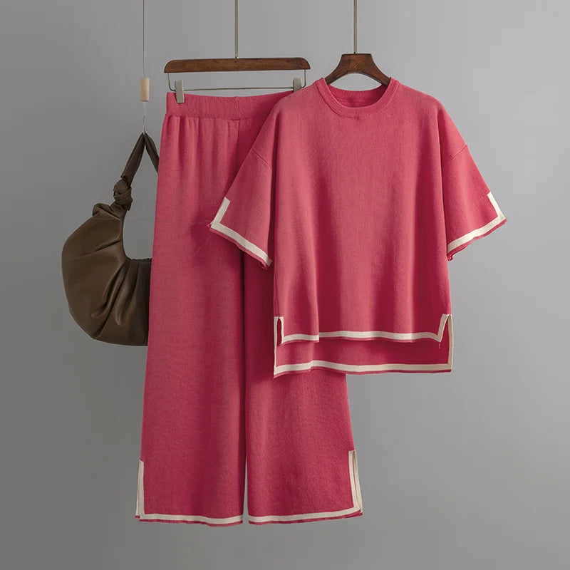 Two Piece Suit With Solid Color Wide Leg Pants