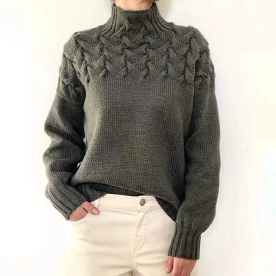 Casual Long Sleeved High Necked Solid Color Sweater