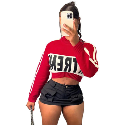 New Fashion Versatile Trend Knitted Letter Long Sleeve Pullover Slim Crop Top Sweater