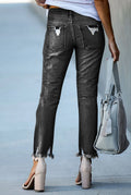 Washed Frayed Tassel Jeans Slim High Stretch Small Leg Trousers
