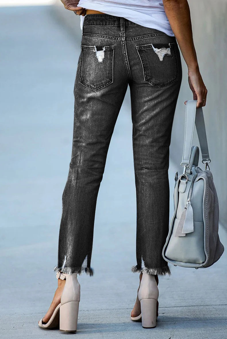 Washed Frayed Tassel Jeans Slim High Stretch Small Leg Trousers