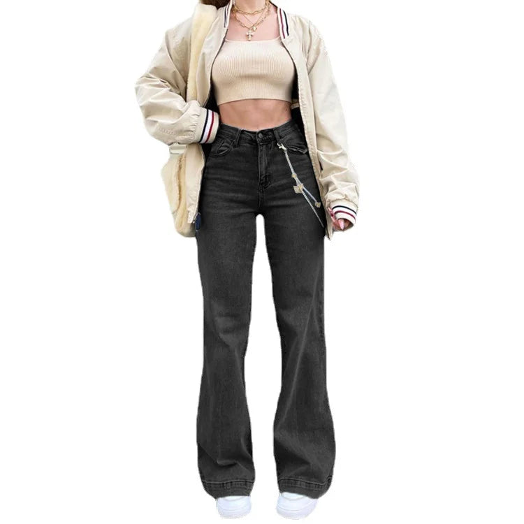 Middle Waist Blue Jeans Temperament Commuter Micro-Pull Pants Dark Female