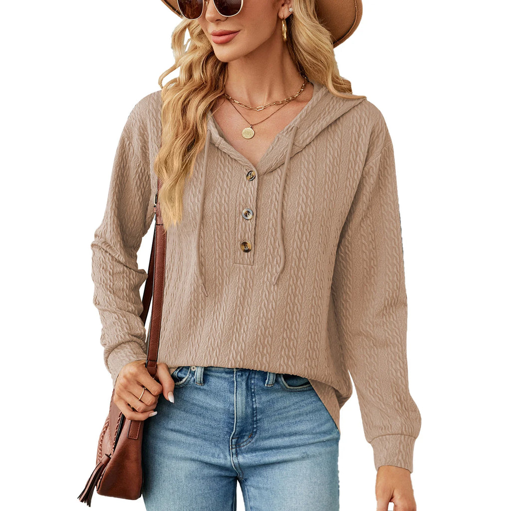 Pure Color Hooded Button Loose Long Sleeved Sweater Ladies