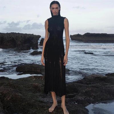 Sexy Sleeveless Knitted High Necked High Waisted Slender Long Dress