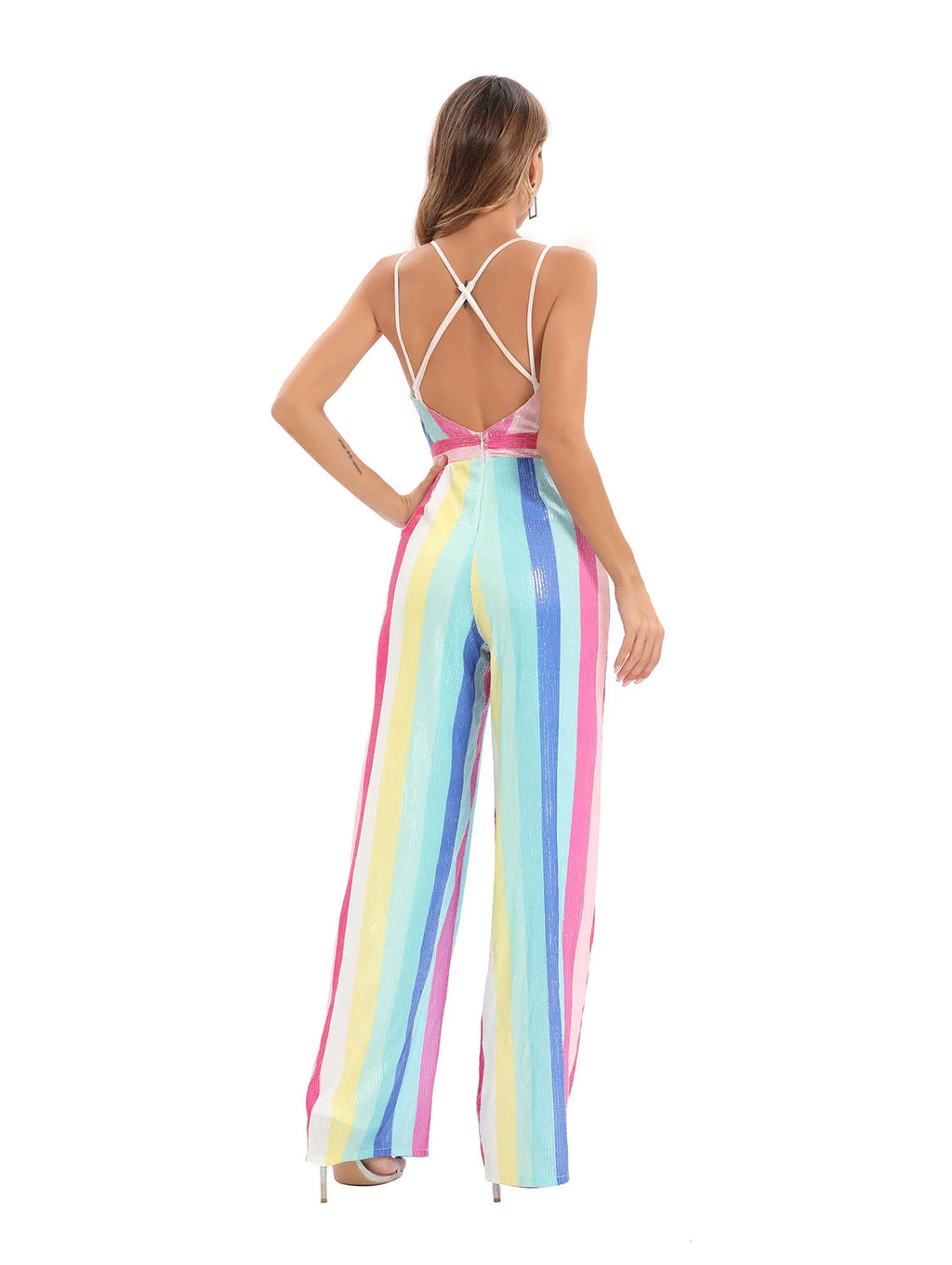 Striped Jumpsuit Sequins Deep V One Piece Casual Pants